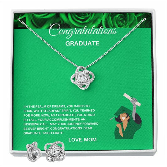 Mom's Graduation Gift: Soaring into a Bright Future, Knot Pendant Necklace and Earrings Jewelry Set, Dainty Jewelry Gift for Her, Knot Earrings Gift