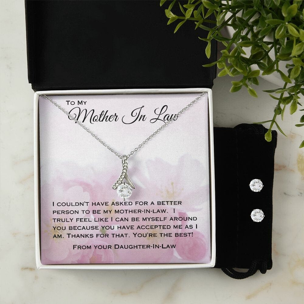 Cubic Zirconia Necklace and Earrings Ribbon Style Jewelry Set To Mother in Law from Daughter in Law, Ribbon Style Pendant