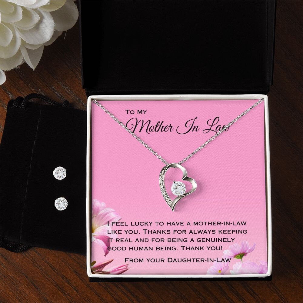 Authentic Appreciation Gift for Amazing Mother-in-Law - Forever Love Necklace and Cubic Zirconia Earring Set