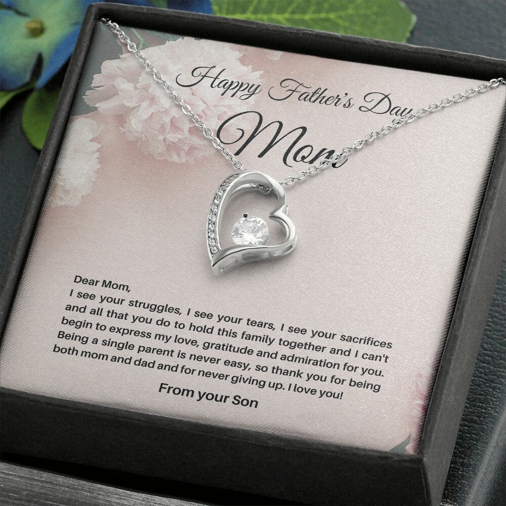 Father's Day Gift from Son to Mom Expressing Love and Gratitude, Heart Necklace with Cubic Zirconia, Dainty Heart Pendant Appreciation Gift